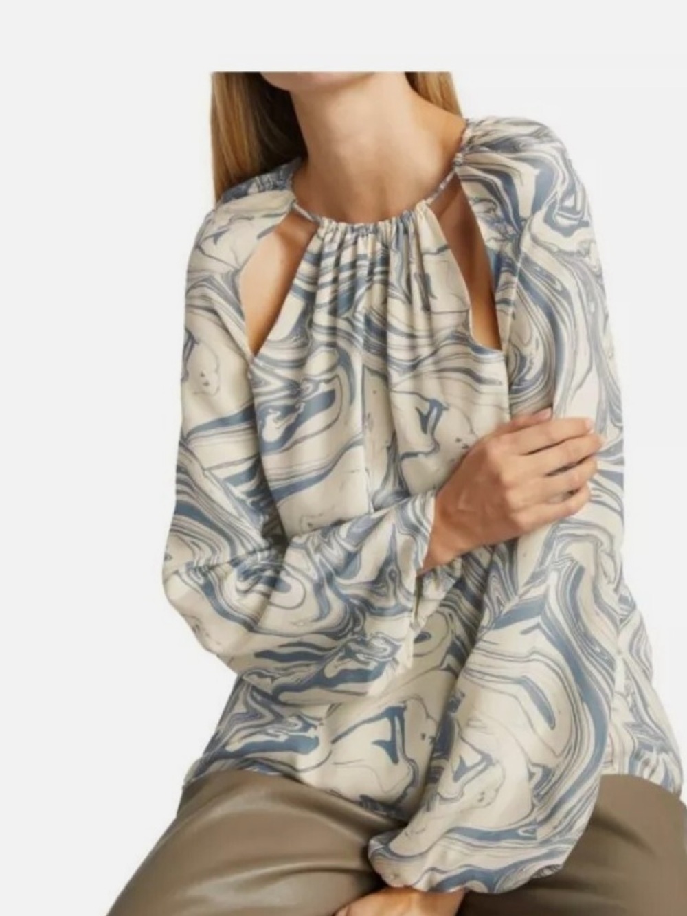 NWT Jonathan Simkhai Cream and Blue Marble-Print Keyhole Blouse